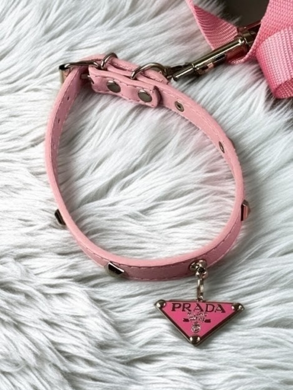 Prada Pink Studded Collar with Logo Charm - Size Large - 14 To 18 Inches